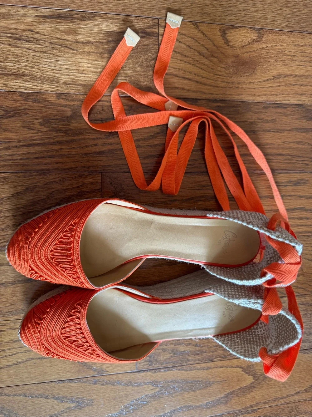 Castañer Carina Orange Embroidered Lace Up Wedge Espadrilles NWOT